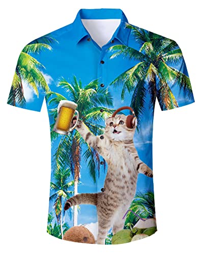 Katze Hawaiihemd Herren Funky Hawaii Hemd Baumwolle Button Down Lustig Hemd Bunt Männer Kurzarm Aloha Sommerhemd Freizeithemd für Strandurlaub Beige Blau XL von TUONROAD