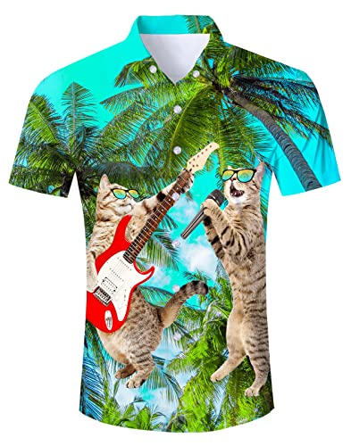 Katze Hawaiihemd Herren Funky Hawaii Hemd Button Down Lustig Hemd Bunt Männer Kurzarm Aloha Sommerhemd Freizeithemd für Strandurlaub Beige Blau XXL von TUONROAD