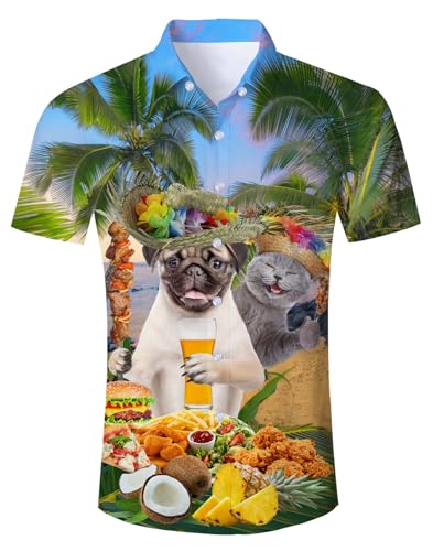 Katze Hawaiihemd Herren Funky Hawaii Hemd Button Down Pizza Hund Lustig Shirt Hemd Bunt Männer Kurzarm Aloha Sommerhemd Freizeithemd für Strandurlaub Blau M von TUONROAD
