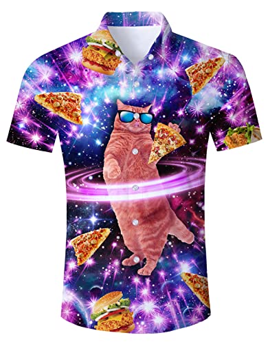 Katze Hawaiihemd Herren Funky Hawaii Hemd Button Down Pizza Lustig Shirt Hemd Bunt Männer Kurzarm Aloha Sommerhemd Freizeithemd für Strandurlaub Blau M von TUONROAD