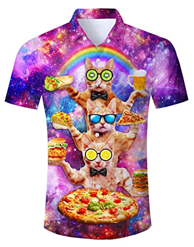 Katze Hawaiihemd Herren Pizza Funky Hawaii Hemd Button Down Lustig Hemd Bunt Männer Kurzarm Aloha Sommerhemd Freizeithemd für Strandurlaub Beige Blau XXL von TUONROAD