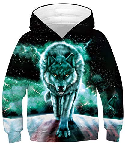 TUONROAD 3D Hoodies Kapuzenpullover Für Kinder Jungen Mädchen Pulli Erstaunlich Galaxis Wolf Grafik Hooded Sweatshirt Herbst Winter Pullover (M=8-10 Jahre) von TUONROAD