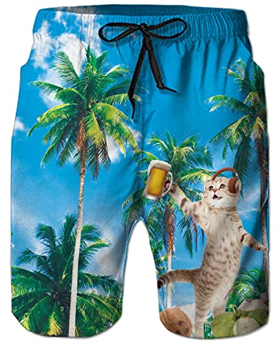 TUONROAD Badehose Herren Lustige 3D Katze Bier Badehose für Herren Jungen Schnelltrocknend Freizeit Shorts Bademode Badeshorts M von TUONROAD