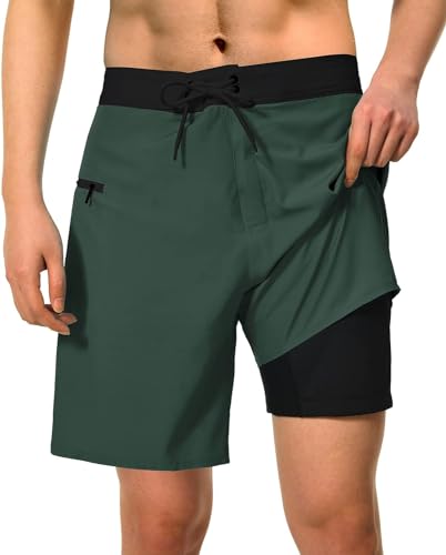 TUONROAD Badehose für Herren mit Kompression Liner 2 in 1 Atmungsaktiv Badeshorts Männer Elastisch Schwimmhose Verstellbar Tunnelzug mit Reißverschlusstaschen Armeegrün 36 von TUONROAD