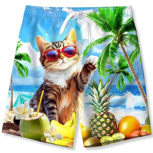 TUONROAD Badehose Jungen 3D Hawaii Katze Schnell Trocknend Badeshorts mit Netzfutter Sommer Strand Kurze Hose Schwimmhose Kinder 7-8 Jahre von TUONROAD