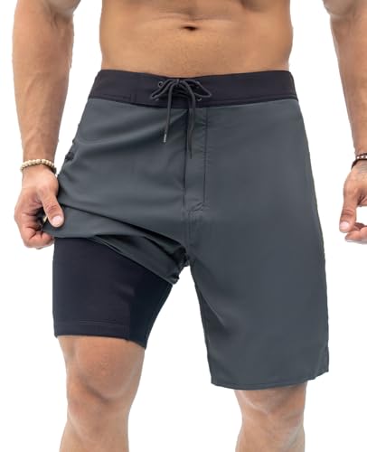 TUONROAD Badehose für Herren mit Kompression Liner 2 in 1 Atmungsaktiv Badeshorts Männer Elastisch Schwimmhose Verstellbar Tunnelzug mit Reißverschlusstaschen Grau 32 von TUONROAD