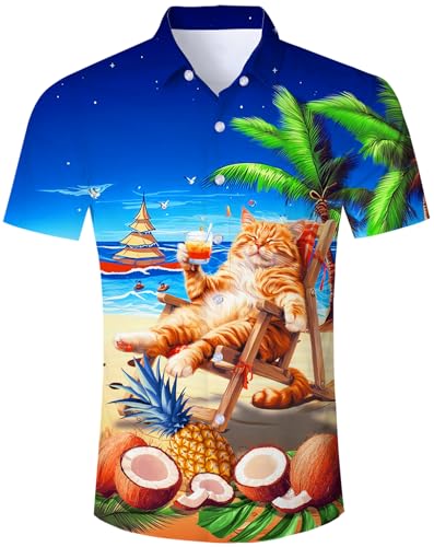 TUONROAD Hawaii Hemd Herren 3D Katze Muster Hemd Herren Katzen Hemd Sommer Funky Hawaiihemd Button Down Hawaiihemden für Männer Kurzarm Tropisch Shirt XL von TUONROAD