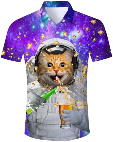 TUONROAD Hawaiihemd Herren Bier Katze Hemd Button Down Lustig Hemd Bunt Männer Kurzarm Aloha Sommerhemd Freizeithemd für Strandurlaub XL von TUONROAD