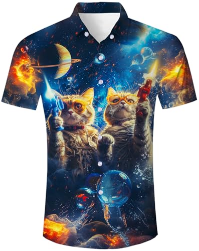 TUONROAD Hawaiihemd Herren Funky Galaxis Katze Hemd Button Down Shirt Lustig Hemd Bunt Männer Kurzarm Aloha Sommerhemd Freizeithemd für Strandurlaub Blau XL von TUONROAD