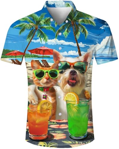 TUONROAD Hawaiihemd Herren Katze Hund Hemd Button Down Lustig Hemd Männer Kurzarm Sommerhemd Freizeithemd für Strandurlaub XXL von TUONROAD