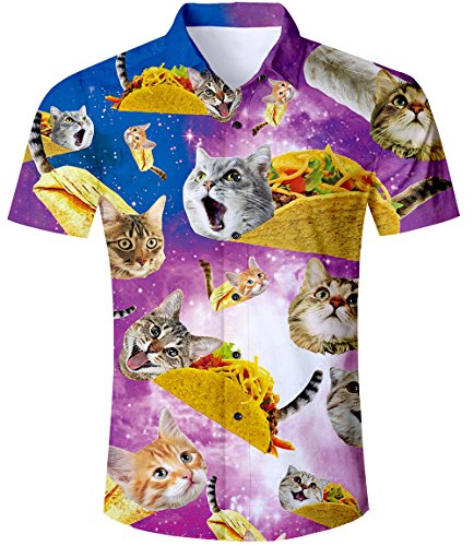 TUONROAD Hemd Herren Kurzarm Funny Pizza Katze 3D Gedruckt Muster Bunte Funky Shirt Hawaiihemd Sommerhemd Button Down Hawaihemden Strandhemd Hawaii Hemd Lila Männer Jungen,1 Cat,XXL von TUONROAD