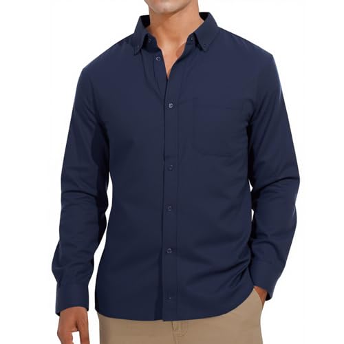 TUONROAD Herren Hemd Leinenhemd Marineblau Langarm Leinenshirt Button-Down Revers Hemden Herren Freizeithemden Casual Regular Fit mit Tasche M von TUONROAD