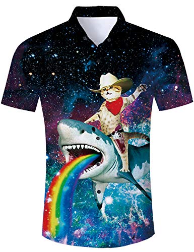 TUONROAD Hemd Herren Kurzarm Funny Galaxy Katze Hai 3D Gedruckt Muster Bunte Funky Shirt Hawaiihemd Sommerhemd Button Down Hawaihemden Strandhemd Hawaii Hemd Schwarz Männer Jungen,1 Cat Shark,XXL von TUONROAD