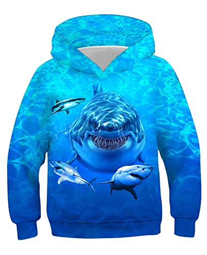 TUONROAD Hoodie Jungen Mädchen Pulli 3D Lustig Blau Hai Muster Kapuze Sweatshirt Herbst Winter Outwear Kapuzenpullover Tops (XL=14-16 Jahre) von TUONROAD