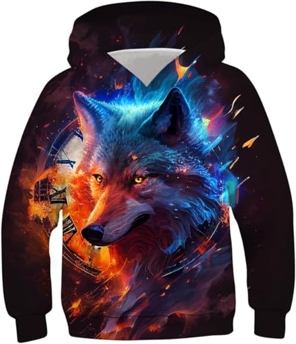 TUONROAD Hoodie Jungen Pullover 3D Wolf Druck Kapuzenpullover Sweatshirt mit Taschen Langarm Kapuzenpulli Tops 11-13 Jahre von TUONROAD