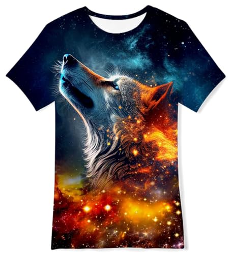 TUONROAD Jungen Mädchen Kurzarm T-Shirt Kinder 3D Bunte Wolf Lustiges T-Shirt 9-12 Jahre M von TUONROAD