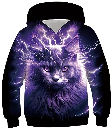 TUONROAD Kinder Hoodie Jungen Pullover 3D Kapuzenpullover Lustige Lila Blitz Katze Druck Pulli Langarm Kapuzenpulli mit Taschen 8-10 Jahre von TUONROAD