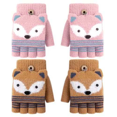 TUONYIS 2 Paar Kinder Halbfinger Handschuhe Fingerlose Fäustlinge Mädchen Jungen, Cartoon Kinder Winter Fäustlinge Kinder Fingerlose Fingerhandschuhe mit Flip Top für 3-9 Jahre (Braun, Rosa) von TUONYIS