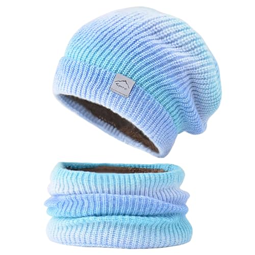 TUONYIS 2 Stück Damen Wintermütze Strickmütze mit Schal, Beanie Mütze Schlauchschal Set, Warme Mütze Beanie Herbst Winter Schal und Mütze Set, Bommelmütze,56-60CM (Farbverlauf Blau) von TUONYIS