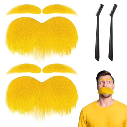 TUONYIS 2 Stück Schnurrbart zum Ankleben, Gelbe Schnurrbart Und Augenbrauen Set, Lorax Kostüm bart zum Ankleben Schnurrbart Selbstklebend mit Kleinem Pinsel, Party Bart Neuheit Schnurrbart (Gelb) von TUONYIS