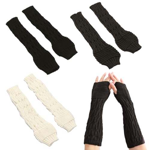 TUONYIS 3 Paar Winter Gestrickte Handschuhe für Damen, Halb Fingerlose Handschuhe Unisex, Damen Lange Armstulpen, Handwärmer Stulpen, Thermo Gestrickte Fingerlose Handschuhe mit Daumenloch (3 Farben) von TUONYIS