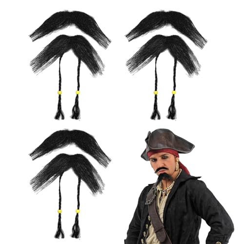 TUONYIS 3 Stück Piraten Gesichtshaar Set, Bart Selbstklebend, Schnurrbart und Perlen, Piratenbart und Schnurrbart mit Zöpfen, Selbstklebender Piratenbeutel, Piraten Kostümzubehör (Schwarz) (Schwarz) von TUONYIS