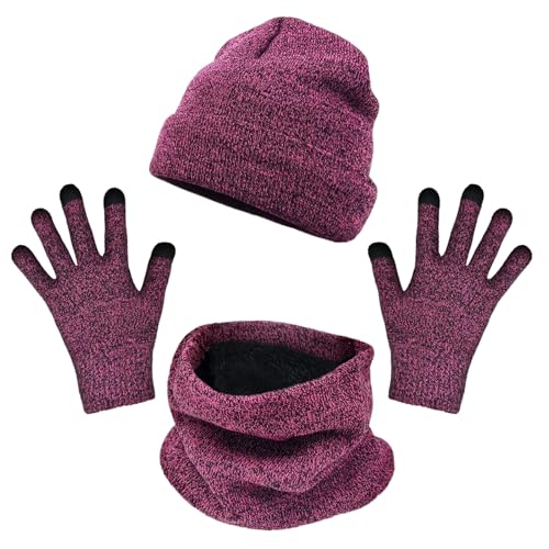 TUONYIS 3 Stück Wintermütze Schal Handschuh Set, Thermo Winter Strickmütze, Nackenwärmer und Touchscreen Handschuhe 3 in 1, dickem, weichem Futter für den täglichen Outdoor Sport (Rosenrot) von TUONYIS