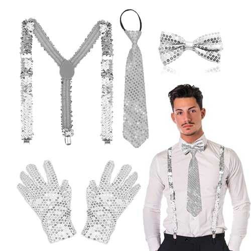 TUONYIS 4 Stück Glitzer Outfit Herren, Glitzer Kostüm Accessoires Herre Set mit Glitzer Fliege Hosenträger Krawatte Handschuhe für Mardi Gras Karneval Hip-Hop Dance Mottoparty (Silber) von TUONYIS