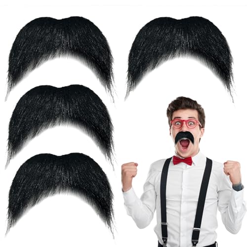 TUONYIS 4 Stück Selbstklebend Bärt, Selbstklebender Schnurrbart, Falsche Schnurrbartbärte, Neuartiger Realistischer Schnurrbart, Schnauzer Fake Klebebart für Halloween Maskerade, Cosplay (Schwarz) von TUONYIS