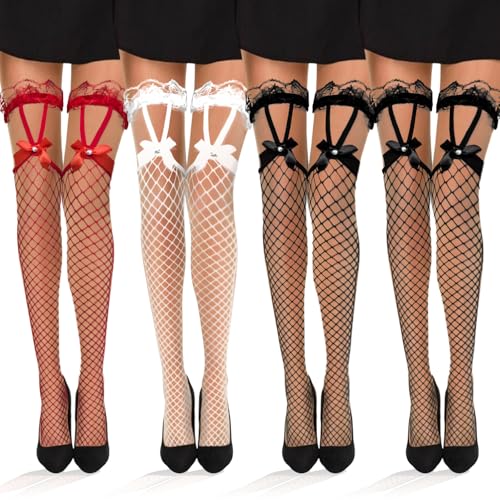 TUONYIS 4er-Pack Damen Netzstrümpfe mit Schleife und Spitze, Oberschenkelhoch, 3 Farben, Einheitsgröße, Fashion, Frauen, Damen, TIGHTS von TUONYIS