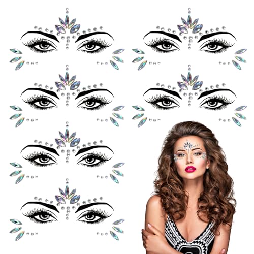 TUONYIS 6 Stücke Meerjungfrau Gesicht Edelsteine Stick, Gesicht Körper Augen Temporäre Tattoos, Glitzersteine Gesicht, Strasssteine Temporäre Tattoos für Musikkarneval, Party, Make up (Transparent) von TUONYIS