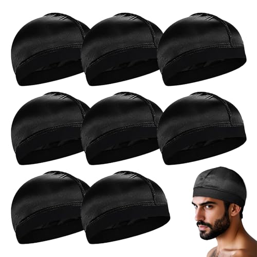 TUONYIS 8 Stücke Wellenkappen für Männer Seidige Durags Wave Caps Silky Headwear Kopftuch, Elastische, Strumpfmützen, Atmungsaktiv, Duschhaube, Unisex Erwachsene Kinder Skullies Mützen Hüte (Schwarz) von TUONYIS