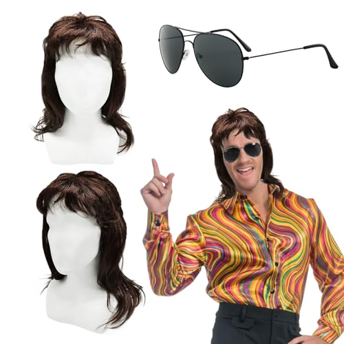 TUONYIS 80er Jahre Outfit Herren Perücken 2er Set, HErren Vokuhila Perücke Braun Lockig, 70er Jahre Bekleidung Herren, Mullet Perücke Retro Disco Punk Rocker Perücken Halloween Party Kostüme (2 Pcs) von TUONYIS
