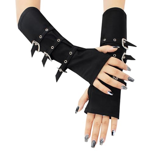 TUONYIS Fingerlose Handschuhe Frauen Winter lange Halbhandschuhe Damen Armstulpen Punkhandschuhe Fingerlose Schwarze Schnalle Arm Gotisch Punk Handschuhe Goth Punk Handschuhe (Schwarz) von TUONYIS