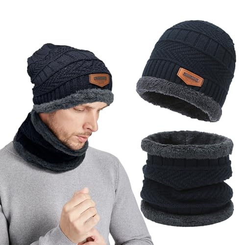 TUONYIS Winter Warm Mütze Loop Schal Set für Herren und Damen, Beanie Mütze Loop Schal Set, Strickmütze Schlauchschal Halswärmer mit Fleece Gefütterte 2-in-1 Winter-Set (Marineblau) von TUONYIS