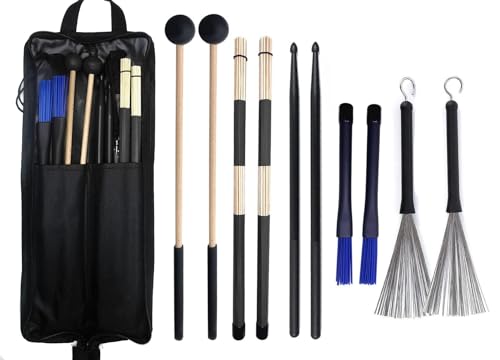 TUOREN Drumstick-Tasche mit Bodentom-Haken inklusive 5 Paar Drumsticks Schlägel Bürsten Set Percussion Instrument Zubehör für Kinder Erwachsene Schlagzeuger Praxis schwarz von TUOREN