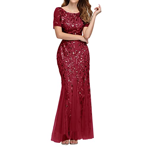 Damen Karneval Kostüm Abendkleider Elegant Kurzärmliges Meerjungfrauenkleid mit doppeltem V-Ausschnitt für Damen, Abendkleid Damen Vintage Cocktailkleid Partykleid Kleider Festlich Kleid Retro von TUQIDEWU