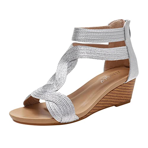 Sandalen Damen Sommer Schöne Sandaletten Damen mit Absatz Damen Lässig Glitzernde Strass Dekoration Sandalen mit Reißverschluss Hinten Römersandalen Damen Peep Toe Orthopädische Sandalen Damen von TUQIDEWU