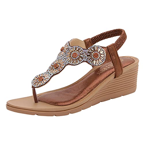 Sandalen Damen mit Absatz, Bequem Elegante Keilabsatz Schuhe Damen Damen Zehentrenner Sandalen Damen Weichen Sohlen Sommerschuhe Böhmische Strandschuhe Mode Glitzer Strass Keilabsatz Schuhe Damen von TUQIDEWU