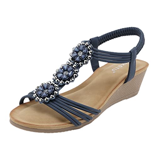 Sandalen Damen mit Absatz, Bequem Elegante Keilabsatz Schuhe Damen Damen Zehentrenner Sandalen Damen Weichen Sohlen Sommerschuhe Böhmische Strandschuhe Mode Glitzer Strass Keilabsatz Schuhe Damen von TUQIDEWU