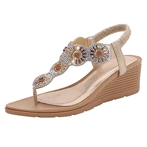 Sandalen Damen mit Absatz, Bequem Elegante Keilabsatz Schuhe Damen Damen Zehentrenner Sandalen Damen Weichen Sohlen Sommerschuhe Böhmische Strandschuhe Mode Glitzer Strass Keilabsatz Schuhe Damen von TUQIDEWU