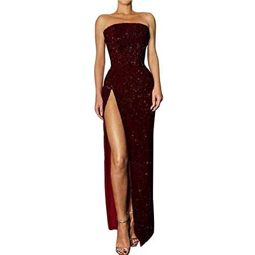 TUQIDEWU Damen Karneval Kostüm Abendkleider Elegant Damen Trägerloses Schlitz Sexy Pailletten Abendkleid Kleid Damen Vintage Cocktailkleid Partykleid Kleider Damen Festlich Kleid Winter Damen Elegant von TUQIDEWU