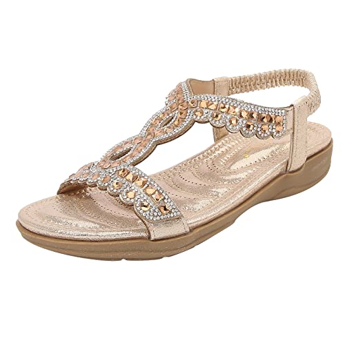 TUQIDEWU Sandalen Damen Sommer Bequem Leicht Pantoletten Damen Sommer Glitzer Strass Flache Sandalen Frauen Weichen Sohlen Wanderschuhe Elastischer Knöchelriemen Lässige Strandschuhe Damenschuhe von TUQIDEWU