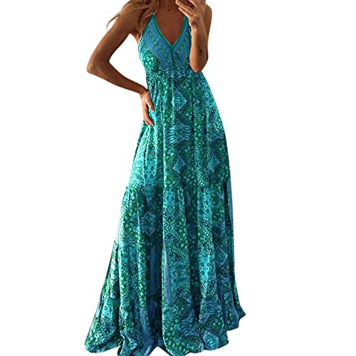 TUQIDEWU Sommer Kleid Damen Kurzarm Strandkleid Frauen V-Ausschnitt Kleid Sling Floral Lange Sexy Kleider Ärmelloses Böhmisches Strand Elegantes Kleid Langes Partykleid Blumenkleid Maxikleid von TUQIDEWU