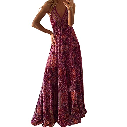 TUQIDEWU Sommer Kleid Damen Kurzarm Strandkleid Langes Blumenkleid mit V-Ausschnitt für Damen, ärmelloses, böhmisches, langes Strandkleid Blumenkleid Maxikleid Cocktailkleid Partykleid Kleider von TUQIDEWU