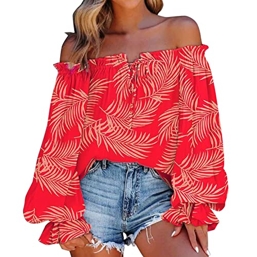 Tshirt Damen Sommer Oberteil Vintage Frauen Sommer Schulterfrei Shirt Blumendruck Lässige Langarm Schulterfrei V-Ausschnitt Tops Retro Ethnic Style Lose Bluse Sommer Crop Top Frauen Pullover Shirts von TUQIDEWU