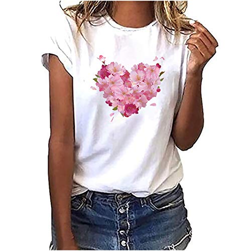 Weißes T-Shirt Damen Locker Kurzarm T-Shirt O-Ausschnitt Tops Ausgefallene T-Shirts Damen Liebesdruck Glitzer Shirt Damen Tägliche Pullover Tshirt Damen Weiss Trendige Oberteile Basic Shirt Damen von TUQIDEWU