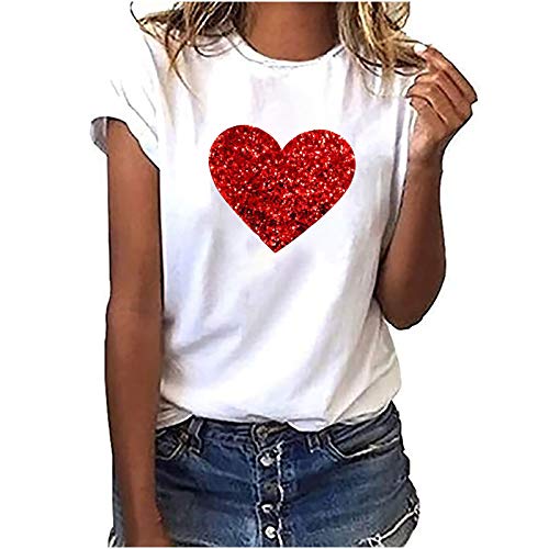 Weißes T-Shirt Damen Locker Kurzarm T-Shirt O-Ausschnitt Tops Ausgefallene T-Shirts Damen Liebesdruck Glitzer Shirt Damen Tägliche Pullover Tshirt Damen Weiss Trendige Oberteile Basic Shirt Damen von TUQIDEWU