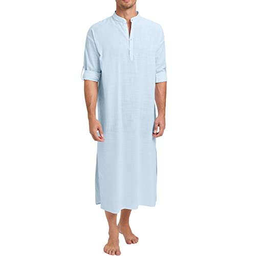 TURETRENDY Henley Herren Langarm Kaftan Thobe Button Down Bademantel Casual Side Split Gown Shirt, Himmel, Large von TURETRENDY