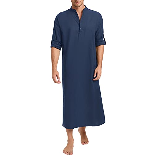 TURETRENDY Henley Herren Langarm Kaftan Thobe Button Down Bademantel Casual Side Split Gown Shirt, Marineblau, XXX-Large von TURETRENDY